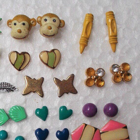 20 pair TINY STUD EARRINGS Enamel Monkey Star Hea… - image 7