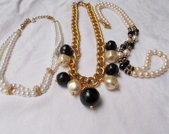 3 pc FAUX PEARL NECKLACES Glass Acrylic Bead Chunky Chain Rhinestone Black & White Choker