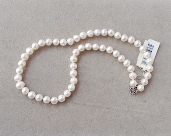 New CULTURED PEARL NECKLACE 16” Off White 7-8mm Sterling Silver Clasp Single Strand Never worn Has Tags