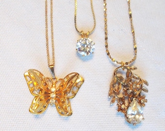 Choice:  RHINESTONE NECKLACE Butterfly Solitaire Teardrop Goldtone Vintage (cr)