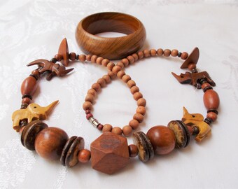 Teak NECKLACE & BRACELET SET Jungle Tribal Wood Coconut  Carved Animals Natural Bohemian Summer Jewelry