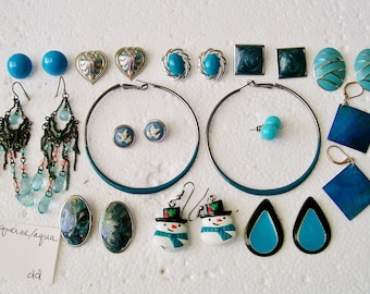 13 Pair PIERCED EARRING LOT Turquoise Aqua Hoop Stud Dangle 3/8” - 3” Wearable Destash  .dd