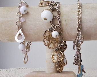 Choice - Vintage CHARM BRACELET Goldtone Silvertone Princess Milk glass Pink Medallion .31