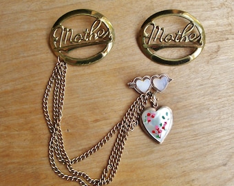 Vintage MOTHER BROOCH Sweater Pin Heart Locket Military Sweetheart MOP Chatelaine