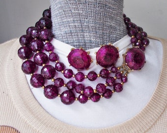 Chunky Purple NECKLACE & EARRING SET Faceted Acrylic 3 Strand Clip On Glitter Statement