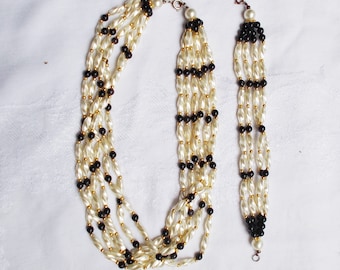 Faux Pearl NECKLACE and BRACELET Demi Parure Black & Cream Multi strand Black Beads Choker