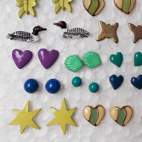 20 pair TINY STUD EARRINGS Enamel Monkey Star Hea… - image 6