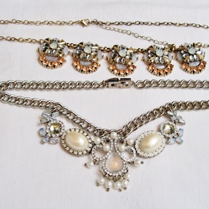 2 CHUNKY RHINESTONE NECKLACES Ann Taylor Faux Pearl, Shell, Opal Silver Gold Blue White Party Jewelry Bib Wear Harvest Craft