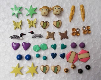 20 pair TINY STUD EARRINGS Enamel Monkey Star Heart Butterfly Duck Crayon Novelty Children  .46