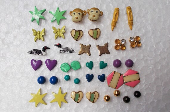 20 pair TINY STUD EARRINGS Enamel Monkey Star Hea… - image 1