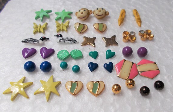 20 pair TINY STUD EARRINGS Enamel Monkey Star Hea… - image 2