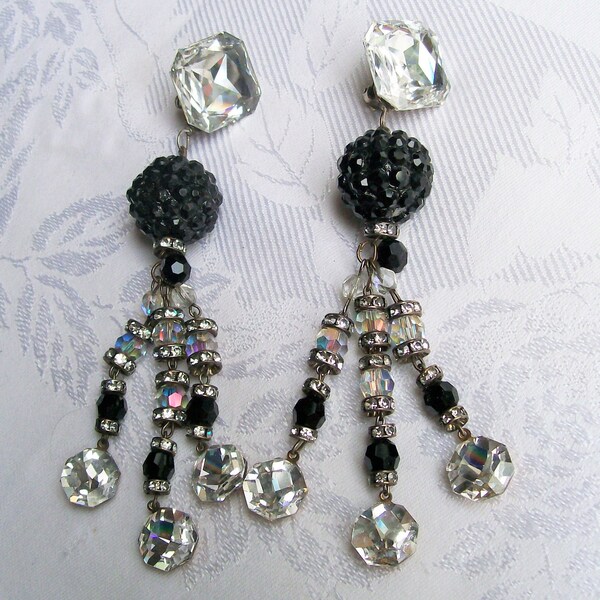 Colossal Vintage DANGLE EARRINGS 5 1/4" Clip On Foiled Crystals Black Crystal Ball Runway Statement High End Costume Jewelry