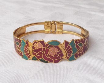 Floral CLOISONNE BRACELET Pink & Turquoise Goldtone Clamp Bangle Butterfly