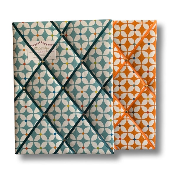 Pin Board in Geometric Floral Design, Turquoise Pin Board, Orange Pin Board, Kitchen Memo Board