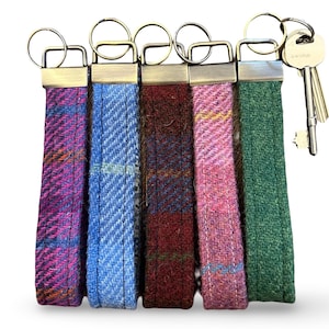 May include: Five keyrings with fabric straps in shades of purple, blue, burgundy, pink, and green. Each keyring has a metal ring and a matching fabric loop. A set of keys is attached to one of the keyrings.
