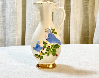 Vintage Bluebird Ceramic Pitcher Vase with Gold Trim