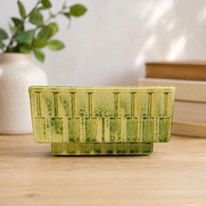 May include: A rectangular, light green ceramic planter with a raised base. The planter features a repeating vertical pattern and is displayed on a wooden surface. A white vase with greenery is visible in the background.