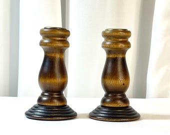 Vintage Turned Wood Candlesticks Pair