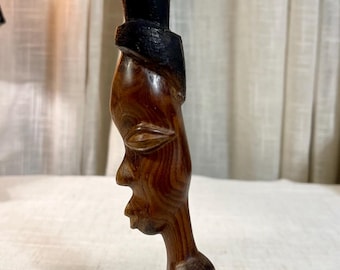 Vintage Hand-Carved Wooden Tribal Figurine – Primitive Folk Art Sculpture with Elongated Face