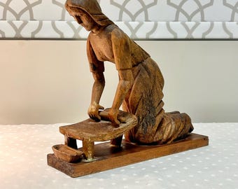 Vintage Hand-Carved Wooden Woman Washing Clothes Figurine Folk Art Carving