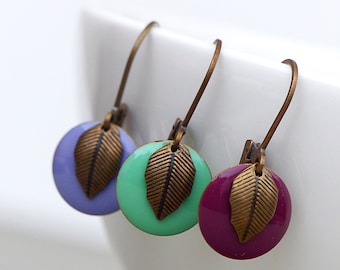 Enamel earrings with a small leaf ~ Choose your color ~ plum, mint, lavender