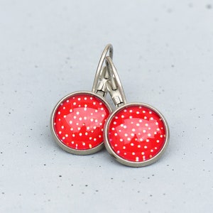 Matte silver earrings with vintage dots in red image 2