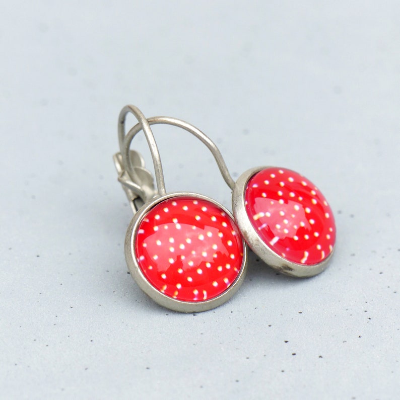 Matte silver earrings with vintage dots in red image 5