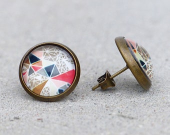 Studs - Geometric pattern, pattern, colorful pattern, earrings, studs for women, geometry, beige, red, gift for girlfriend