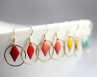 Enamel Earrings ~ Geometric Brass Earrings ~ Coral/Red/Yellow/Emerald