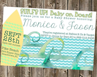 Baby Shower Invitation: Beach- Surfboard- Watercolor Waves