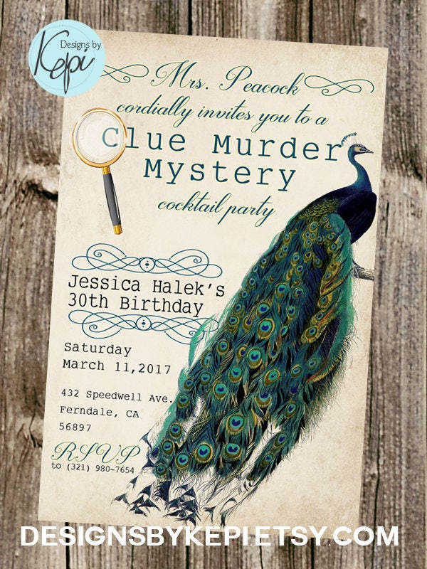 Birthday Invitation Clue Themed party Peacock | Etsy