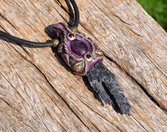 Raw Black Kyanite with Amethyst Pendant Necklace,  Unisex