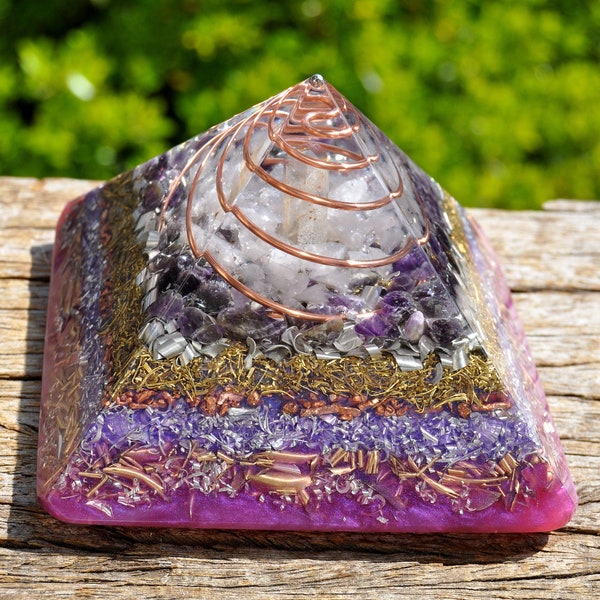 GOLDEN TRIANGLE Orgonite® Orgonite Pyramid with Clear Quartz, Rose Quartz and Amethyst - 550 grams - 20 Oz - Pre-Order