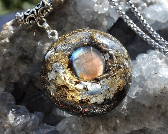 Flash Labradorite Orgonite® Pendant Necklace with 925 Silver and 24K Gold, EMF Cleanser Unisex