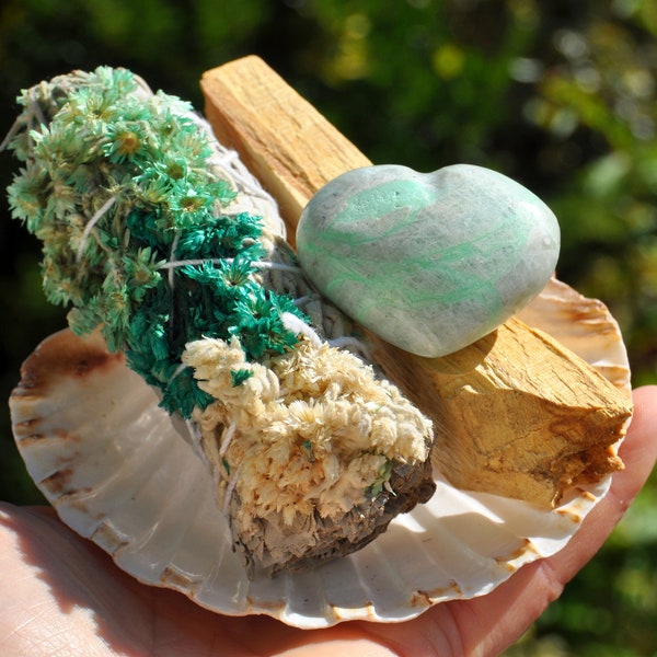 WHITE SAGE Mullein Smudge Set with Green Moonstone Heart + White Sage + Palo Santo + Shell - Energy Purification