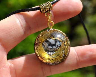 EMF Protection Orgonite® with Snowflake Obsidian and 24k Gold Pendant Necklace, Unisex