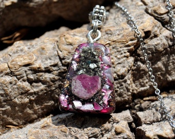 Ruby with Pyrite Orgonite® Orgone Pendant, Trapezoid Necklace - Reduced Price