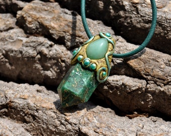 Orgonite®Crystal Pendant  Necklace, Handsculpted Clay Gemstone with green Aventurine