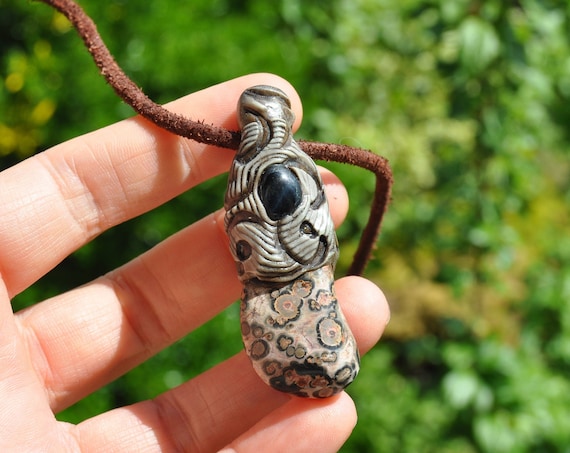 Ocean Jasper Pendant Necklace with blue Tiger Eye,  Unisex, Handsculpted Clay