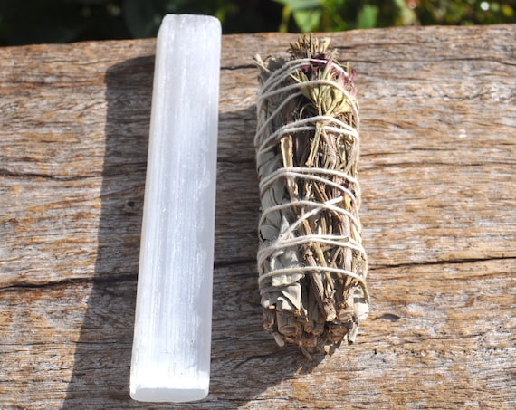 Rosemary White Sage Smudge Bundle with raw Selenite Wand
