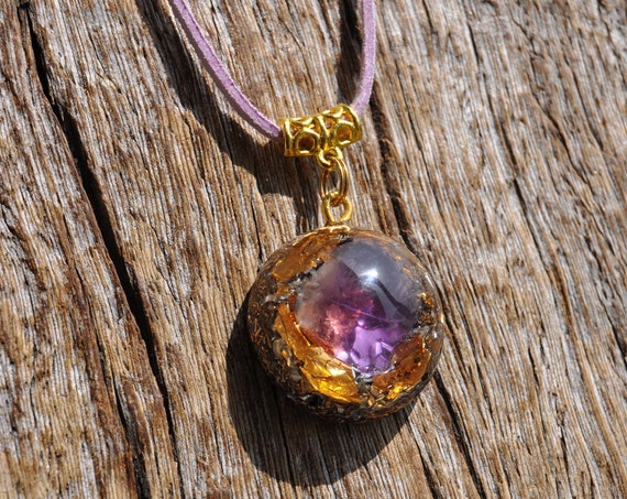 Amethyst Orgonite® pendant Necklace with 24k gold