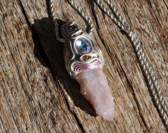 FAIRY SPIRIT Quartz Pendant with Amethyst and Garnet on Silver Necklace