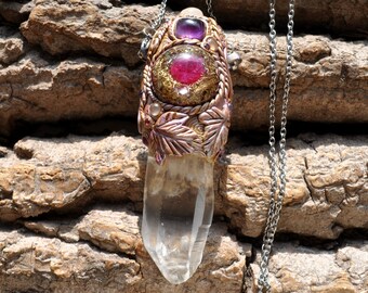 LEMURIAN Quartz Wand with RUBY Orgonite Crystal Pendant Energy Tool Generator