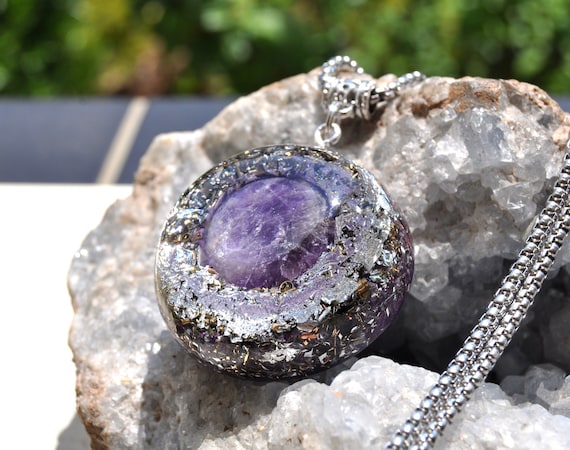 Large Amethyst Orgonite® Necklace with 925 Silver Pendant - Unisex