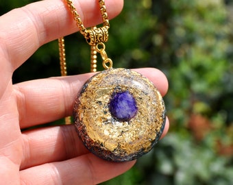 Blue SAPPHIRE Orgonite® Pendant Necklace with 24K Gold, Large - Unisex - Free Delivery