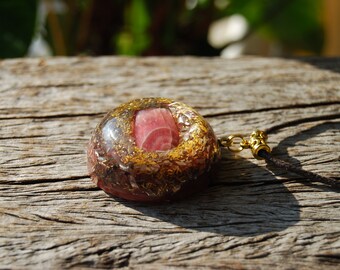 Lovely Rodochrosite Orgonite® Orgone Pendant Necklace Unisex with 24K Gold - FREE Shipping !