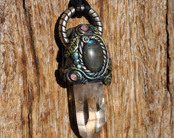 Clear Quartz Crystal Pendant • Labradorite & Rose Quartz •  Artisan Clay Jewelry