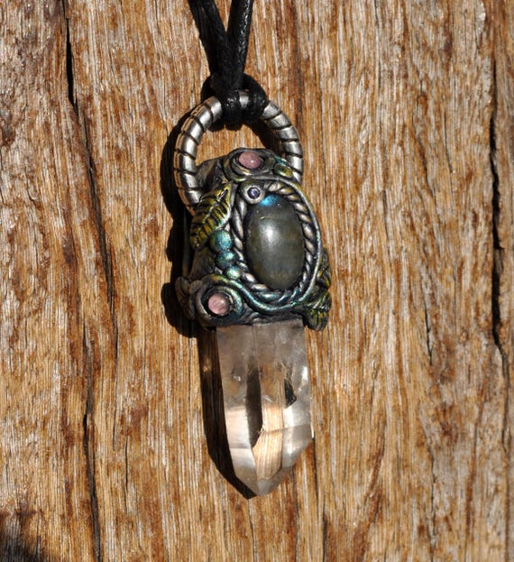 Clear Quartz Crystal Pendant • Labradorite & Rose Quartz •  Artisan Clay Jewelry