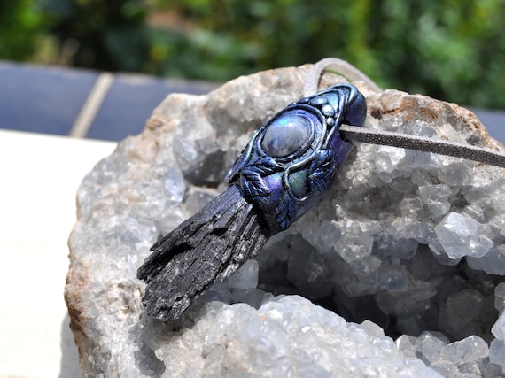 Raw Black Kyanite with blue Moonstone Necklace,  Unisex