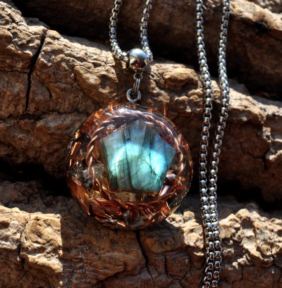 TENSOR Ring Pendant PENTAGON Labradorite Orgonite®  EMF Harmonizer Protection Necklace -  Unisex